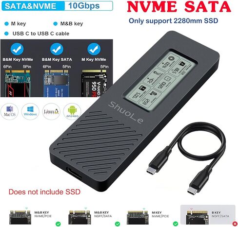 محول حاوية ShuoLe ألومنيوم M.2 SSD مع شاشة عرض LCD، USB 3.2 10 جيجابت في الثانية USB C إلى NVMe PCIe SATA M-Key/(B+M) حافظة خارجية لمحرك الحالة الصلبة تدعم UASP Trim لـ NVME/SATA SSD حجم 2280 in Kuwait
