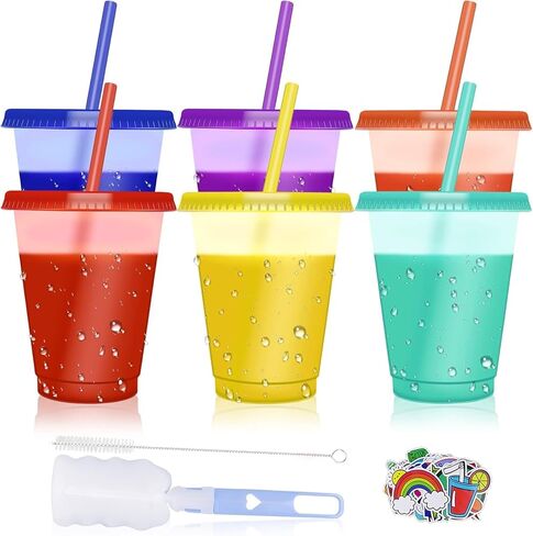 MAGORUI Kids Cups, Color Changing Cups with Lids and Color Changing Straws, 6 Pack 12oz Plastic Reusable Cold Drink Tumbler for Party in Kuwait