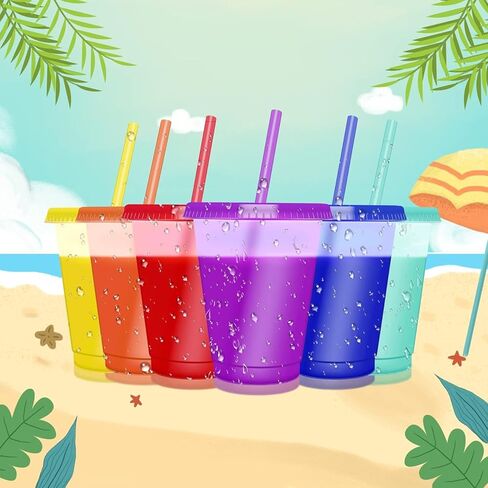 MAGORUI Kids Cups, Color Changing Cups with Lids and Color Changing Straws, 6 Pack 12oz Plastic Reusable Cold Drink Tumbler for Party in Kuwait