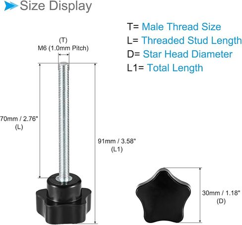 مقابض CoCud Star Clamping، M6 × 70 مم رأس ذكر 30 مم، مقابض يدوية برغي إبهام بلاستيكي، مسمار ملولب أسود - (التطبيقات: لآلات المخرطة)، 3 قطع in Kuwait