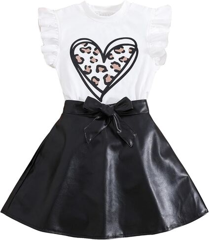 Verdusa Girl's 2 Piece Outfits Ruffle Trim Tee Top with PU Leather Belted Skirt in Saudi Arabia