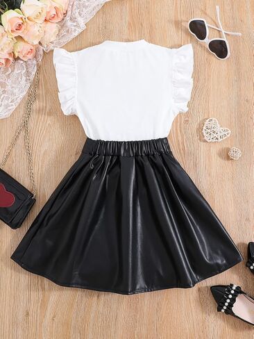 Verdusa Girl's 2 Piece Outfits Ruffle Trim Tee Top with PU Leather Belted Skirt in Saudi Arabia