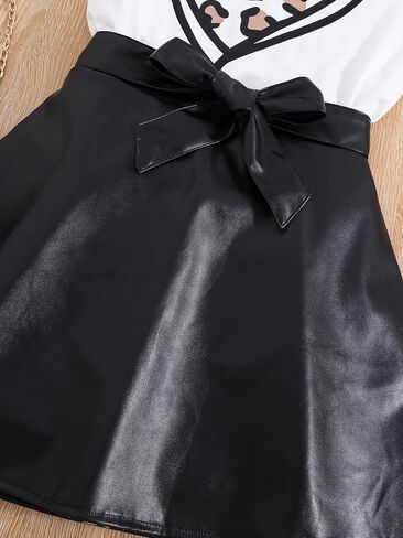 Verdusa Girl's 2 Piece Outfits Ruffle Trim Tee Top with PU Leather Belted Skirt in Saudi Arabia