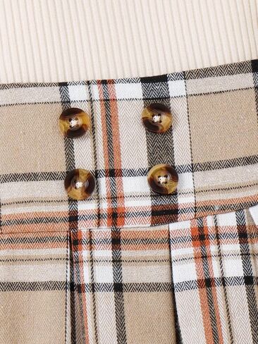 OYOANGLE Girl's 2 Piece Outfits Rib Knit Bow Front Collar Tee Top and Plaid Print High Waist Pleated Skirt in Saudi Arabia