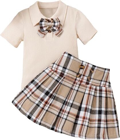 OYOANGLE Girl's 2 Piece Outfits Rib Knit Bow Front Collar Tee Top and Plaid Print High Waist Pleated Skirt in Saudi Arabia