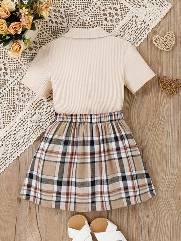 OYOANGLE Girl's 2 Piece Outfits Rib Knit Bow Front Collar Tee Top and Plaid Print High Waist Pleated Skirt in Saudi Arabia