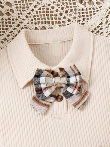 OYOANGLE Girl's 2 Piece Outfits Rib Knit Bow Front Collar Tee Top and Plaid Print High Waist Pleated Skirt in Saudi Arabia
