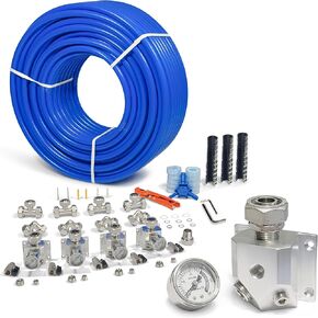 نظام أنابيب الهواء المضغوط بمعرف 3/4 بوصة × 200 قدم، مشعبات ألومنيوم متعددة المنافذ بخمسة اتجاهات مع مقياس ضغط فردي، طقم خط هواء لمتجر أنابيب HDPE، طقم خط ضاغط الهواء | 200 رطل لكل بوصة مربعة | 9120 جرام in Kuwait