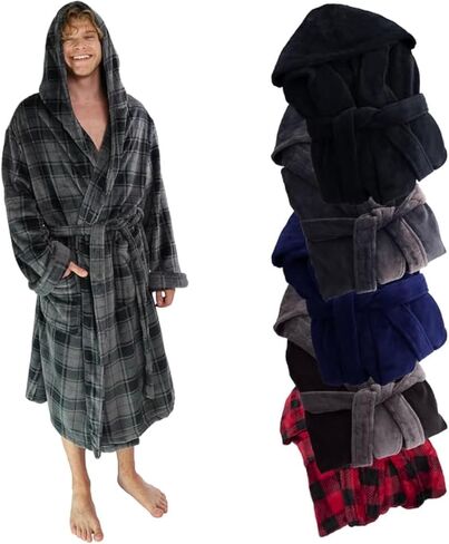 Ross Michaels Mens Robe Hooded Wrap Style - Mid Length Plush Fleece Bathrobe (Black, 3X-Large) in Kuwait