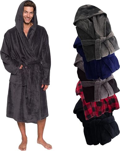 Ross Michaels Mens Robe Hooded Wrap Style - Mid Length Plush Fleece Bathrobe (Black, 3X-Large) in Kuwait