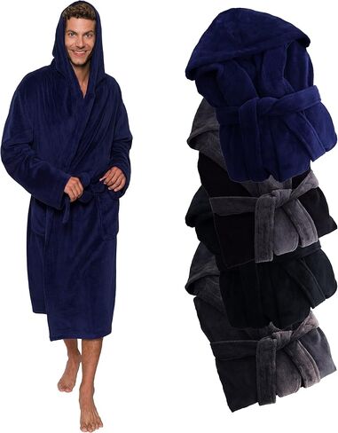 Ross Michaels Mens Robe Hooded Wrap Style - Mid Length Plush Fleece Bathrobe (Black, 3X-Large) in Kuwait