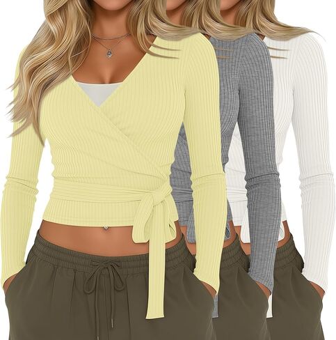 3 Pack Women's Cross Wrap Tie Top Long Sleeve Cotton Slim Fitted Ribbed Yoga Shirt Pilates Ballet Workout Blouse in Saudi Arabia