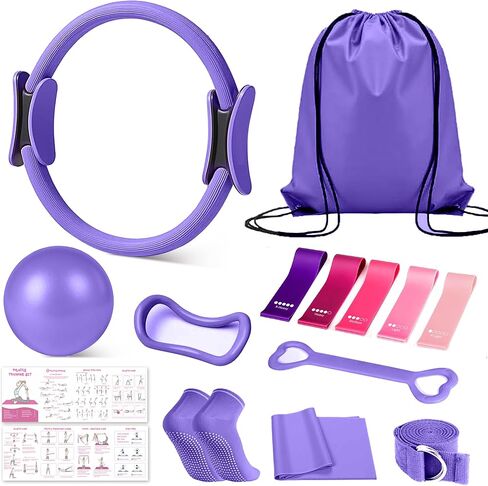 Home Pilates Kit for Women, Essentials Pilates Equipment Set with 14‘’ Pilates Ring and Mini Ball, 5 Resistance Bands & Accessories, Tutorial Charts, Pilates Ring Set for Beginners Workout at Home in Kuwait