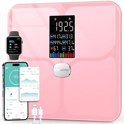 ABLEGRID Body Fat Scale,Digital Smart Bathroom Scale for Body Weight, Large Color Display Screen, 16 Body Composition Metrics BMI, Water Weigh, Heart Rate, Baby Mode, 400lb, Rechargeable in Saudi Arabia