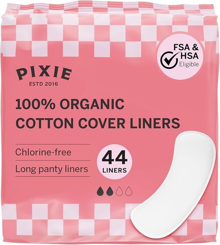 Pixie Organic Cotton Panty Liners for Women - Long Wrapped Pantiliners - Light Absorbency & Ultra-Thin - Leak-Proof, Hypoallergenic & Unscented - Compostable - 44 Count in Saudi Arabia