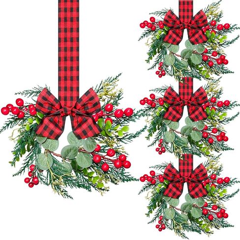 4pcs Small Christmas Wreath, 12.6 Inch Mini Cabinet Wreaths for Kitchen, Christmas Kitchen Decor with Ribbon Bows Red Berry Window Wreath for for Xmas Porch Wall Door Decor in Saudi Arabia