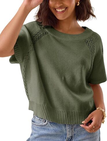 Yeokou Womens Short Sleeve Sweater Pullover Summer Fall Casual Crewneck Lightweight Crochet Knit Tops in Saudi Arabia