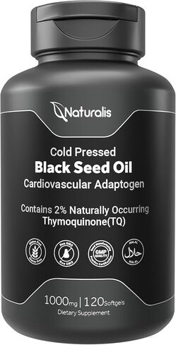 زيت البذور السوداء المضغوط البارد 1000mg | 2 ٪ تحدث بشكل طبيعي ثيمووكينون (TQ) للشعر والجلد والأظافر ودعم القلب والأوعية الدموية | غير المعدلة وراثيا ، الغلوتين وفول الصويا | 60 Softgels in Kuwait