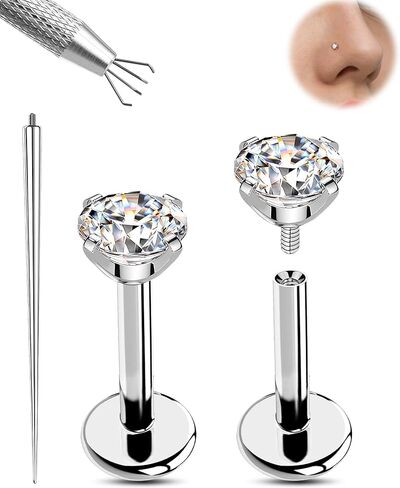 Jewseen 2PCS 20G/18G/16G G23 Titanium Flat Back Nose Stud Earrings Internally Thread Medusa Laret Lip Stud Tiny CZ Small Helix Cartilage Tragus Conch Piercing Jewelry for Women Men in Saudi Arabia