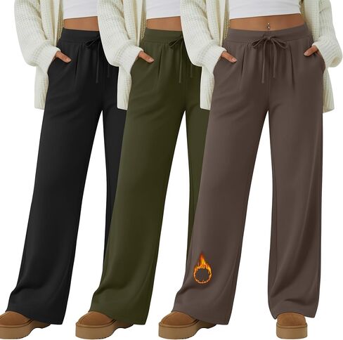 3 Pack Women's Wide Leg Lounge Pants, Fleece Sweatpants Casual Thermal Drawstring Yoga Pants with Pockets in Saudi Arabia