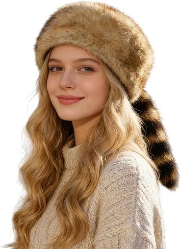 Furry Raccoon Tail Hat Plush Faux Fur Flat Top Warm Hat Cozy Cossack Russian Ski Snow Animal Themed Party Costume Cap in Saudi Arabia