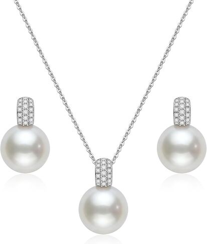 مجموعة مجوهرات اللؤلؤ الكلاسيكية للنساء - قلادة لؤلؤة أنيقة وأقراط مع مجوهرات مسلسلات الذهب 14K مثالية كهدية مناسبة خاصة in Kuwait