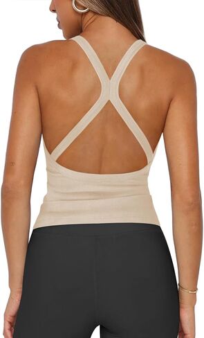 Womens Halter Tops Racerback Workout Tank Top for Women Plunge V Neck Split-Back Spaghetti Strap Fitted Ribbed Shirts in Saudi Arabia