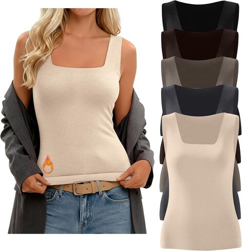 Riyiper 5 Pack Women's Thermal Tank Tops, Seamless Fleece Lined Undershirt, Sleeveless Square Neck Winter Base Layer Vest in Saudi Arabia