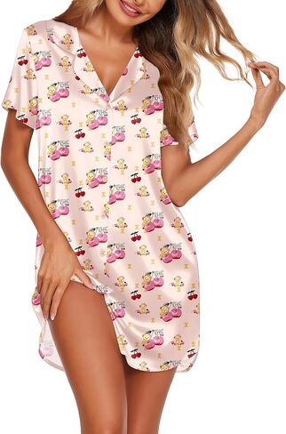 Ekouaer Women's Sleepshirts Satin Silk Nightgown Short Sleeve Sleepwear Casual Print Sleepdress Boyfriend Pajamas Nightshirt in Saudi Arabia