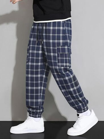 Blue Checkered Workwear Utility Trousers for Men Durable Casual Outdoor Hiking Pants in Saudi Arabia