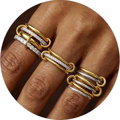 4 Pack Interlocked Stackable Rings for Women - 14K Gold Plated Statement 4 Mixed Metals Multi Ring Stack - Cubic Zirconia Two-Toned Connected Bands Stacking Jewelry in Saudi Arabia