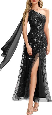 Ever-Pretty Women's One Shoulder Slit Flowy Panels Maxi Sequin A-Line Formal Evening Dresses 02486 in Saudi Arabia