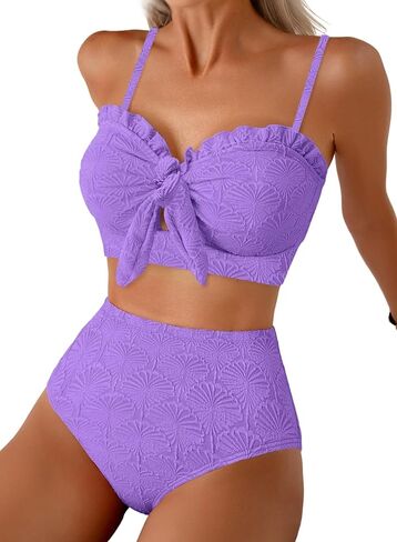 Herseas Women's Seashell Textured Bikini Sets Knotted Front 2 Piece Swimsuits Ruffle Trim Bathing Suits in Saudi Arabia