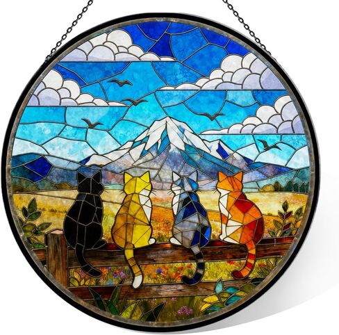 نافذة زجاجية ملطخة عباد الشمس معلقة ، 7.9 "Sun Casser Glass Pane Boho Wall Art Decor مع سلسلة ، زخرفة مستديرة مطلية باليد للأزواج in Kuwait