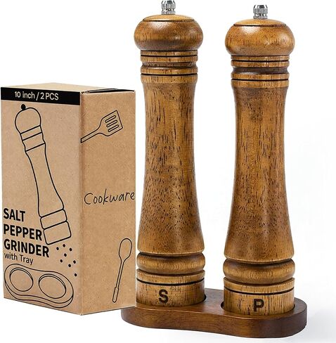 Wooden Salt and Pepper Grinder Set, Premium Oak Wood Salt Grinders Shakers, Pepper Mill with S and P Engraving, Adjustable Ceramic Grinder – 8 inches, 2 Pack in Saudi Arabia