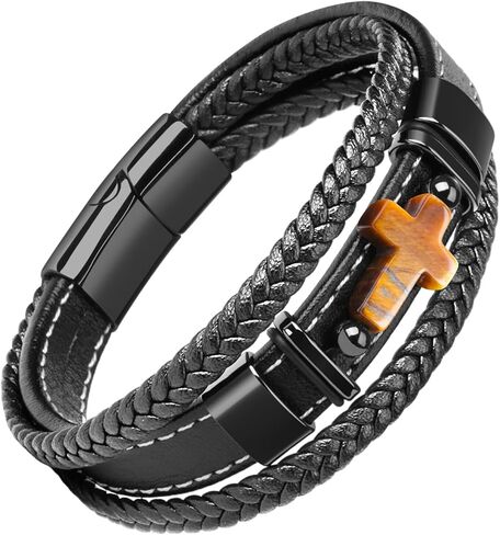 Tiger Eye Black Leather Bracelet Vintage Natural Handmade Gemstone Stone Jewelry with Stainless Steel Three-Layer Leather Rope Braided Cuff Bracelet for Men in Kuwait