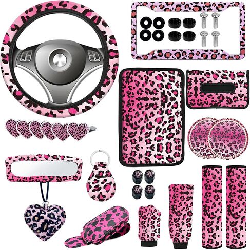 24 Pcs Leopard Print Car Accessories,Including License Plate Frame,Rearview Mirror Decoration,Etc,Suitable for Sedan,SUV and Other,Cute Car Interior Set for Women (Brown) in Kuwait