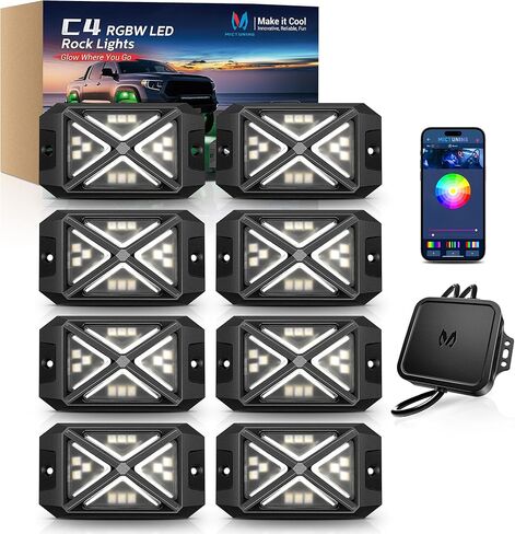 MICTUNING C4 RGBW Rock Lights Kit, 12 Pods 360° Ultra-Bright 4-Sided Wide Beam Angle Underglow Neon Accent Lighting Kit, Microphone Sync with APP Control, IP68 Waterproof in Saudi Arabia