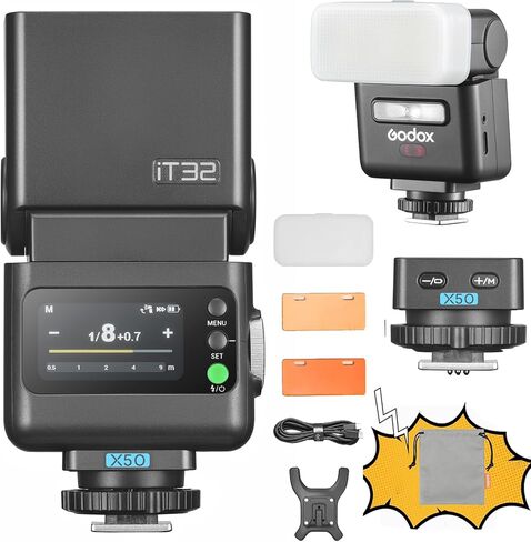 فلاش كاميرا GODOX IT32 TTL مع مشغل فلاش لاسلكي X5S لسوني متوافق مع X3، X3Pro، XPro، XProII، X2T، جهاز استقبال مدمج 2.4 جيجا هرتز، مع عاكس وموزع in Kuwait