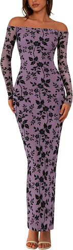 Prettygarden المرأة قبالة الكتف الزهور Maxi Bodycon فستان سقوط شبك طويل الأكمام مزودة بساتين زفاف رسمية طويلة in Saudi Arabia