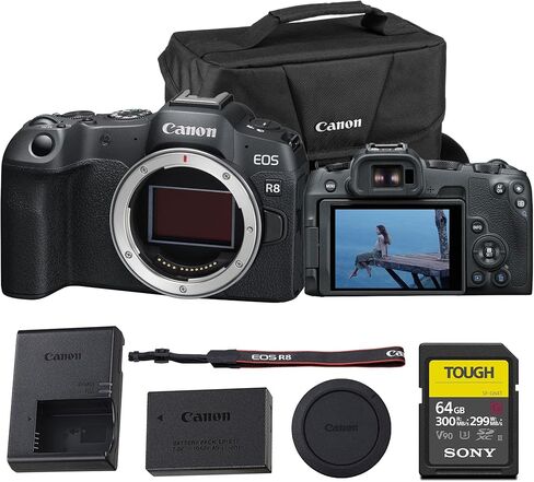 Canon EOS R8 Mirrorless Camera | 24.2MP Full Frame Sensor 4K 60p Video | Compact Lightweight Hybrid Camera for Travel and Content (5803C002) + Canon RF 75-300mm Lens + 64GB Card + Bag in Saudi Arabia