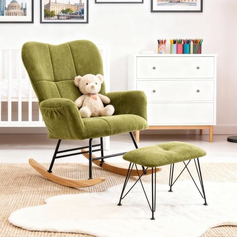 KEEZY Rocking Chair Nursery with Stool,Upholstered Glider Rocker,Rocking Accent Chair with Padded Seat with High Backrest,Reading Chair,Armchair Comfy Side Chair for Living Room Bedroom (Gray) in Saudi Arabia