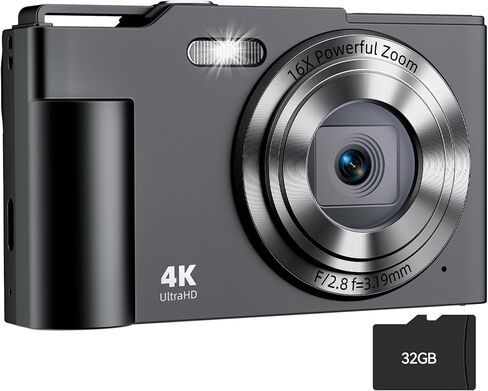 كاميرا رقمية، كاميرا رقمية بدقة 4K للتوجيه والتقاط الصور مع خاصية تكبير/تصغير 16X مضادة للاهتزاز، وكاميرا صغيرة مدمجة بدقة 48 ميجابكسل مع بطاقة سعة 32 جيجابايت للمراهقين والبنات والأطفال in Kuwait