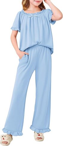 Arshiner Girls Pajamas Soft 2 Piece Pjs Sets Ruffle Short Sleeve Long Pants Sleepwear in Saudi Arabia