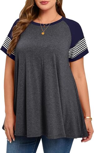 MONNURO Plus Size Summer Tops Short Sleeve Striped Color Block Shirt Loose Fit in Saudi Arabia