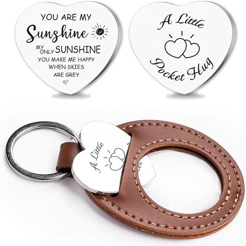 Heart Pocket Hug Token Keychains - Long Distance Have Hug Gifts Keepsake, Double Sided Stainless Steel with Leather Keychain in Saudi Arabia