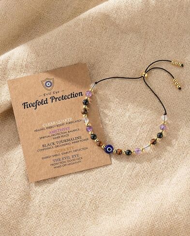 Evil Eye Dainty Bracelet - Natural Crystal Protection Bracelet - 5 Healing Stones Clear Quartz Amethyst Black Tourmaline Tiger Eye Adjustable Spiritual Guardian Jewelry Gift with Meaning Card in Saudi Arabia