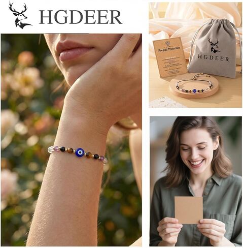 Evil Eye Dainty Bracelet - Natural Crystal Protection Bracelet - 5 Healing Stones Clear Quartz Amethyst Black Tourmaline Tiger Eye Adjustable Spiritual Guardian Jewelry Gift with Meaning Card in Saudi Arabia