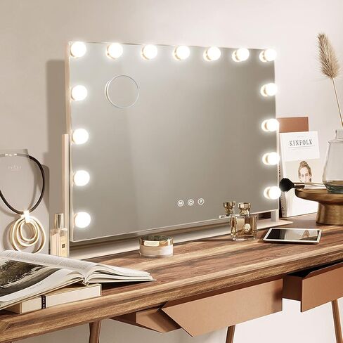 Hansong Vanity Mirror with Lights, 22''x18'' Hollywood Mirror, Makeup Mirror with 15 Dimmable Bulbs, 10X Magnification and USB Charging Port, White in Kuwait