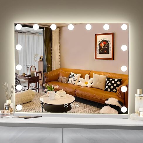 Hansong Vanity Mirror with Lights, 22''x18'' Hollywood Mirror, Makeup Mirror with 15 Dimmable Bulbs, 10X Magnification and USB Charging Port, White in Kuwait